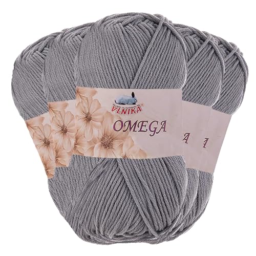 5 x 100g Strickgarn Omega Häkelgarn Acrylwolle Klassikgarn Wolle unifarben, Farbwahl, Farbe:grau von maDDma