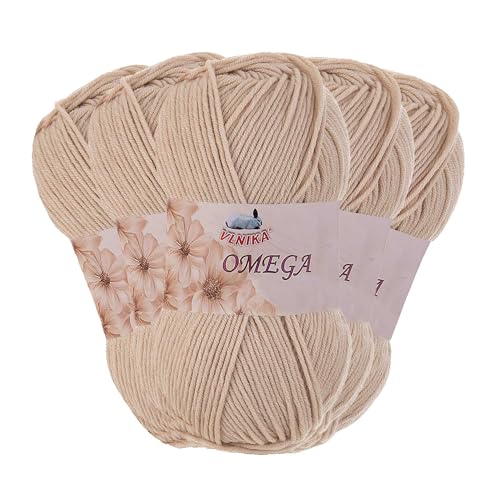 5 x 100g Strickgarn Omega Häkelgarn Acrylwolle Klassikgarn Wolle unifarben, Farbwahl, Farbe:hellbeige von maDDma