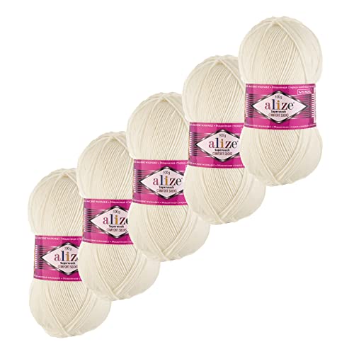 5x100g Sockenwolle Superwash Comfort 4-fädig Schurwolle Strumpfstrickgarn Farbauswahl, Farbe:01 creme von maDDma