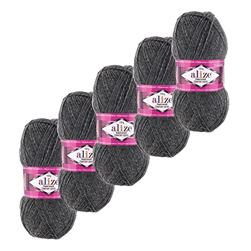 5x100g Sockenwolle Superwash Comfort 4-fädig Schurwolle Strumpfstrickgarn Farbauswahl, Farbe:182 dunkelgrau meliert von maDDma