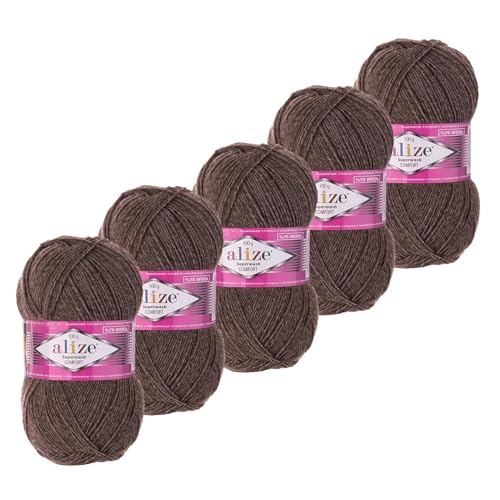 5x100g Sockenwolle Superwash Comfort 4-fädig Schurwolle Strumpfstrickgarn Farbauswahl, Farbe:240 braun meliert von maDDma