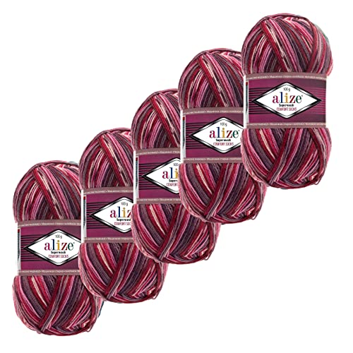 5x100g Sockenwolle Superwash Comfort 4-fädig Schurwolle Strumpfstrickgarn Farbauswahl, Farbe:2698 rosa violett rot von maDDma