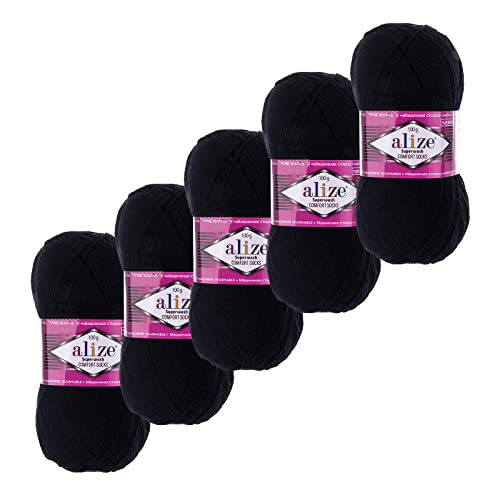 5x100g Sockenwolle Superwash Comfort 4-fädig Schurwolle Strumpfstrickgarn Farbauswahl, Farbe:60 schwarz von maDDma