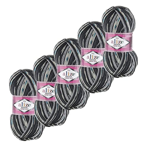 5x100g Sockenwolle Superwash Comfort 4-fädig Schurwolle Strumpfstrickgarn Farbauswahl, Farbe:7650 anthrazit grau blau creme von maDDma