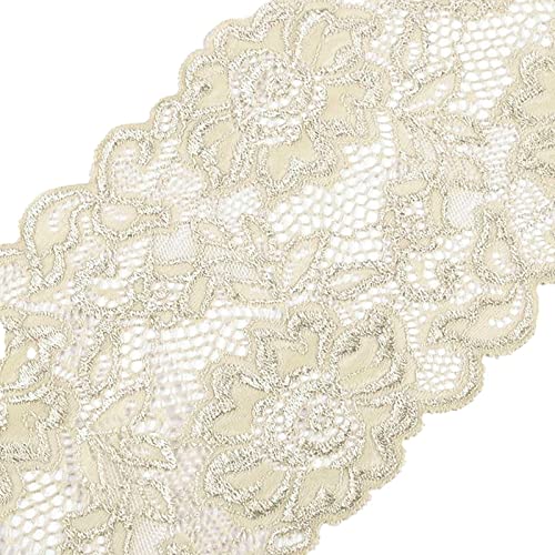 Elastische Spitze ab 1m x 140mm breit Blumenmuster Floral Tischläufer Farbwahl DIY, Farbe:hellbeige von maDDma