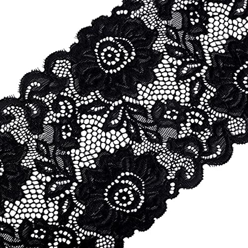 Elastische Spitze ab 1m x 140mm breit Blumenmuster Floral Tischläufer Farbwahl DIY, Farbe:schwarz von maDDma