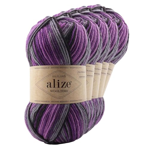 Strickgarn Alize Wooltime 5x100g 75% Wolle Oeko-Tex 100 Häkelgarn Farbwahl, Farbe:11013 Mystisches Lila von maDDma