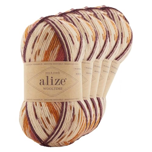 Strickgarn Alize Wooltime 5x100g 75% Wolle Oeko-Tex 100 Häkelgarn Farbwahl, Farbe:11022 Wüstenfuchs von maDDma