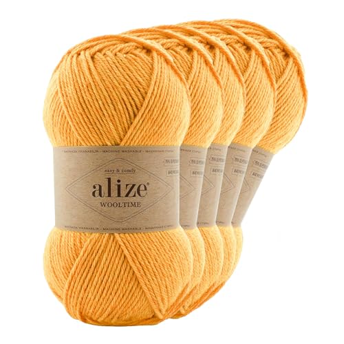 Strickgarn Alize Wooltime 5x100g 75% Wolle Oeko-Tex 100 Häkelgarn Farbwahl, Farbe:423 safrangelb von maDDma