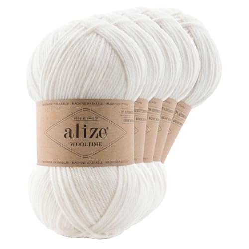 Strickgarn Alize Wooltime 5x100g 75% Wolle Oeko-Tex 100 Häkelgarn Farbwahl, Farbe:55 weiß von maDDma