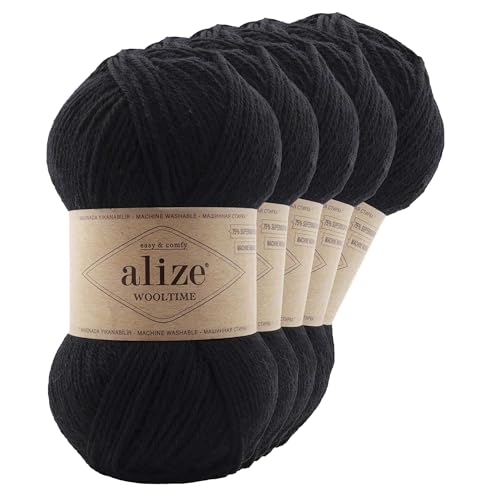 Strickgarn Alize Wooltime 5x100g 75% Wolle Oeko-Tex 100 Häkelgarn Farbwahl, Farbe:60 schwarz von maDDma