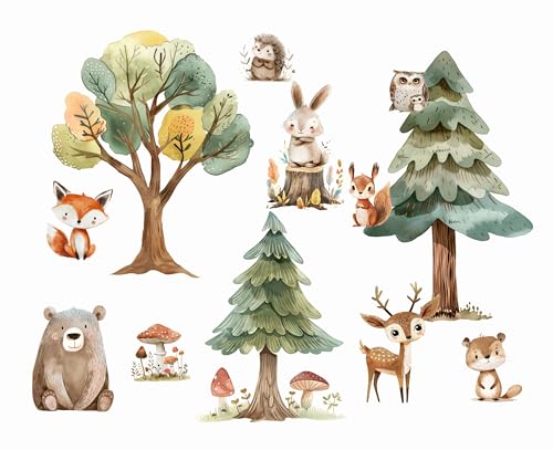 Wandtattoo Wandsticker Baum Wandaufkleber Waldtiere Bär Buntes Pflanze Selbstklebend Abnehmbar Wandkunst Aufkleber Für Mädchen und Jungen Kinder Kinderzimmer Fichte, Fuchs, Hase, Kaninchen von madras24