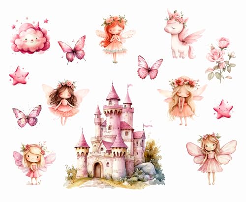 Wandtattoo Wandsticker Blume Fee Feen Blumen Schmetterling Elfen Rosa Prinzessinnenschloss Buntes Pflanze Selbstklebend Wandaufkleber Abnehmbar Wandkunst Aufkleber für Mädchen Kinder Kinderzimmer von madras24