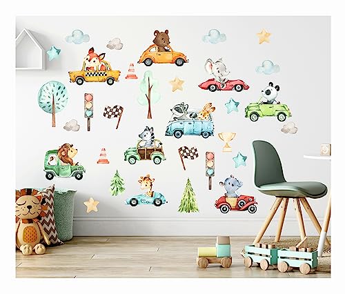 Wandtattoo für Kinderzimmer Autos Rennfahrzeuge, Safari Zoo Jungenzimmerauto Wandaufkleber für Babyzimmer Deko selbstklebend Wandbild Baby Wandaufkleber Wanddeko für Babyzimmer madras24 Wandsticker von madras24