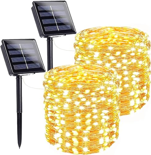 [2 Stück] Solar Lichterkette Aussen Solarlichterkette, 12M 120 LED Lichterketten Außen Wasserdicht KupferDraht 8 Modus Solarlichterkette Deko für Garten, Terrasse, Tor, Hof, Hochzeit, Party (Warmweiß) von mafiti