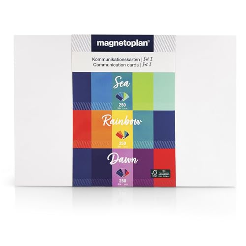 magnetoplan Kommunikationskarten Set 1, 20 x 10 cm, 3er Set blanko Karteikarten mit den Farbenpaletten Sea, Rainbow und Dawn, 120 g/m², 750 Stück aus FSC-Papier, kunststofffrei verpackt von magnetoplan