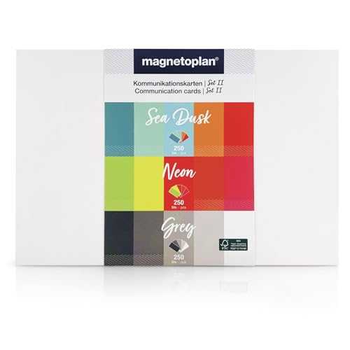 magnetoplan Kommunikationskarten Set 2, 20 x 10 cm, 3er Set blanko Karteikarten mit den Farbpaletten Sea Dusk, Neon und Grey, 120 g/m², 750 Stück aus FSC-Papier, kunststofffrei verpackt von magnetoplan