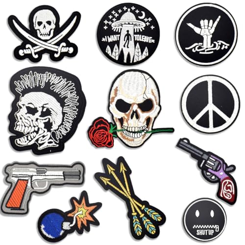 12 Stück Biker Bügelflicken - Motorrad Aufbügler Aufnäher - Punk-Stil Patches - Schädel Patch für DIY Kleidung, Jacken, Jeans, Mäntel, Hüte von makstore