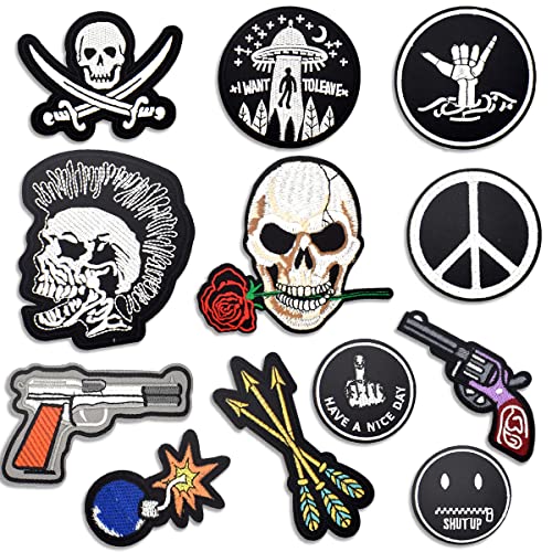 12 Stück Bügelflicken Biker, Punk Patches, Schädel Patch Skull DIY, Motorrad Aufbügler für Jacken, Jeans, Mäntel, Hüte von makstore