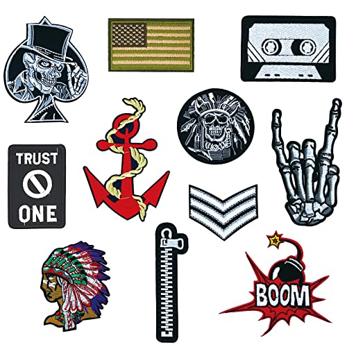 makstore 12 Stück Aufnäher Bügelflicken, Biker Motorfahrer Punk Totenkopf Patch Applikation (Farbe-2) von makstore