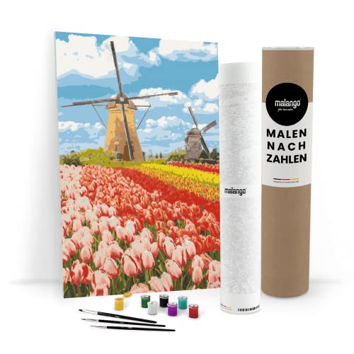 malango Malen nach Zahlen Erwachsene - Blumen Landschaft an der Mühle 60 x 40 cm Verschiedene Größen Premium-Malset mit Rahmen, Hergestellt in unserer Produktion in Deutschland von malango