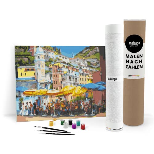 malango Malen nach Zahlen Erwachsene - Cafe in Vernazza 90 x 60 cm groß XL Premium-Malset mit Rahmen, Hergestellt in unserer Produktion in Deutschland, Kreative von malango