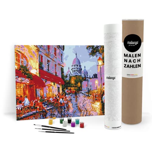 malango Malen nach Zahlen Erwachsene - Café vor Sacre Coeur No. 1 60 x 40 cm Verschiedene Größen Premium-Malset mit Rahmen, Hergestellt in unserer Produktion in Deutschland von malango