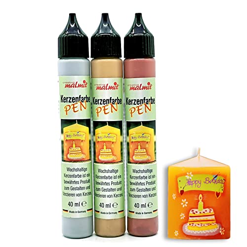Creativ malmit® Kerzenfarbe 3er Set Kerzenstifte je 40ml Wachsfarben Kerzen bemalen Flüssigwachs Nr.3 von malmit