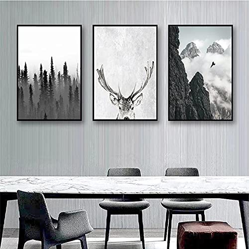 marca generica Wand Kunstdruck Minimalistische Malerei Wohnzimmer Bild Wald Hirsch Adler Schwarz Weiß Landschaft Leinwand Poster Nordic Ungerahmt-50X70cmX3 von marca generica