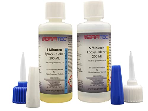 marfitec © 5-Minuten-Epoxy 200ml (Epoxidharz 100ml, Epoxidhärter 100ml) 2 Komponenten Kleber auf Epoxidharz Basis, 2K Kleber mit hoher Beständigkeit für viele Materialien von marfitec