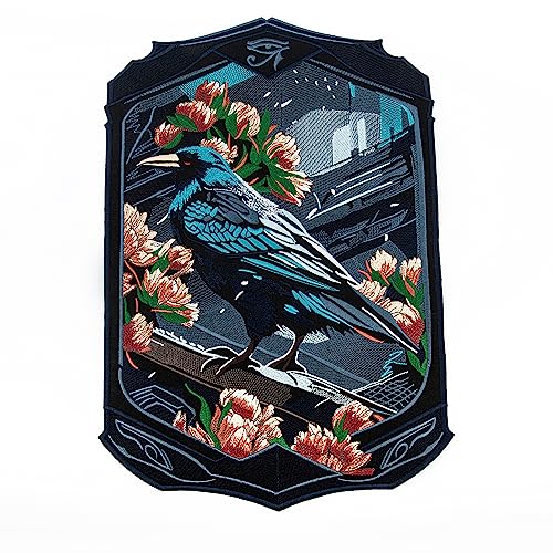 Floral Raven Großer Rückenaufnäher - Hexenkrähe Stickerei Kunst - Dark Bird Aesthetic - Bügelzubehör - Größe 25,4 x 38,1 cm von martytradingofficial