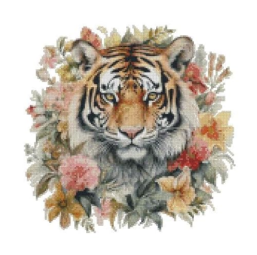 Kreuzstich-Set in me, Der Tiger schnüffelt die Rose, gezählte Kreuzstich-Set, 14 Karat Baumwolle, 150 x 150 Stiche, 26 x 26 cm, gezählte Baumwolle, Tiger und Blume von max stitch design