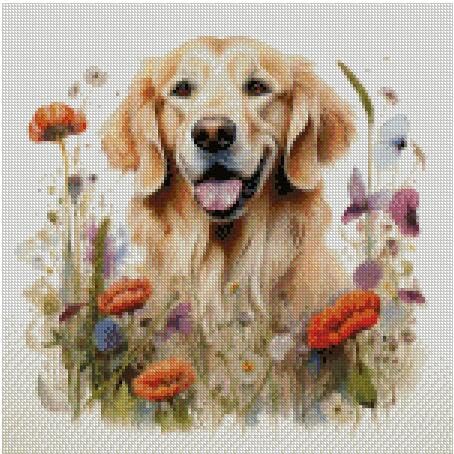 Kreuzstich-Set, Hund in Blumen Stickvorlage, 100 % Baumwolle, 150 x 150 Stich, 26 x 26 cm, Kreuzstich Nadelarbeit Hunde von max stitch design