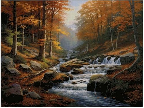 Kreuzstich-Set "Stream in Autumn", 14-fädig, 100 % Baumwolle, 400 x 300 Stiche, 72 x 54 cm, Baumwolle, Landschaft, 14-karätiges Kreuzstich-Set von max stitch design