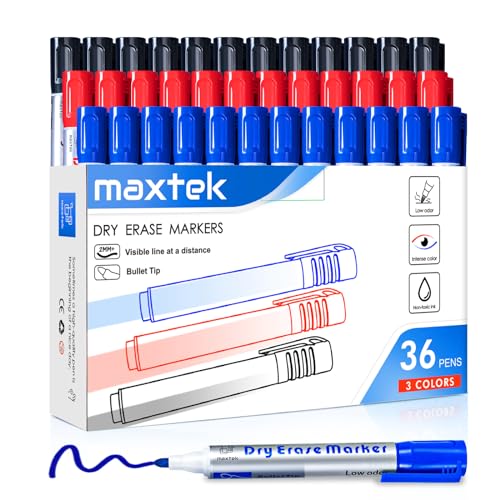 maxtek Whiteboard Marker, Whiteboard Stifte Abwischbar, Rundspitze ca.2-3mm Linienbreite, Set mit 3 Farben hohe Qualität Tinte, Zubehör für Schule, Büro, Zuhause (12 rot +12 blau + 12 schwarz) von maxtek