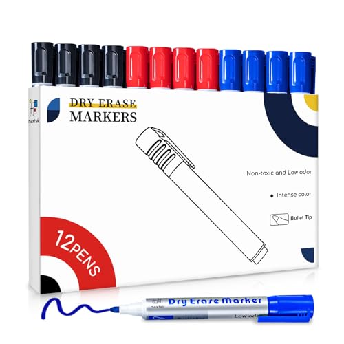 maxtek Whiteboard Marker 12 Whiteboard Stifte Rundspitze ca.2-3mm Linienbreite, Set mit 3 Farben hohe Qualität Geruchsarme Tinte, Zubehör für Schule, Büro, Zuhause von maxtek