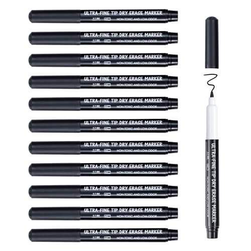 maxtek 0,7 mm Whiteboard Stifte, 12 Schwarz Whiteboard Marker Dünn, Trockenwischer Folienstift Abwischbar, Folienstift Non Permanent mit Ultra Feiner Spitze von maxtek