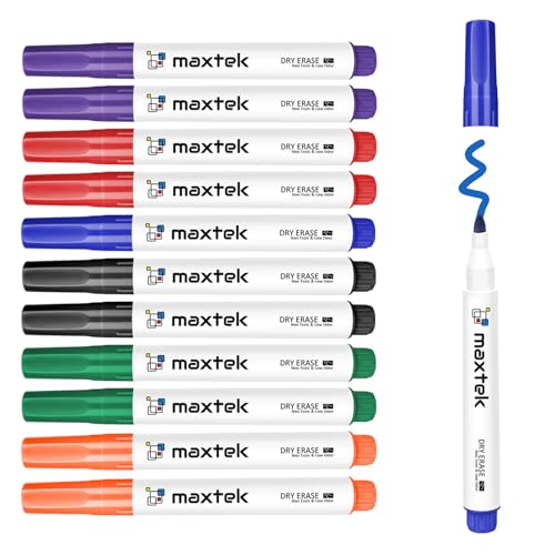 maxtek Whiteboard Marker, 12 Whiteboard Stifte Abwischbar, Rundspitze, ca. 2mm Linienbreite, Trocken und Rückstandsfrei Abwischbar von Whiteboards, Hohe Qualität, Set mit 6 Farben von maxtek