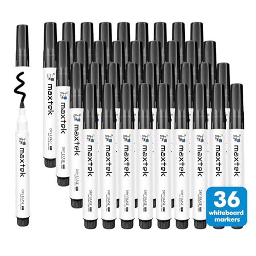 maxtek Whiteboard Marker, 36 Whiteboard Stifte Abwischbar, Rundspitze, ca. 2mm Linienbreite, Trocken und Rückstandsfrei Abwischbar von Whiteboards, Hohe Qualität, Schwarz von maxtek