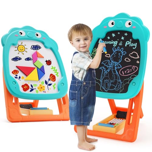 Staffelei für Kinder, doppelseitige Kunst Staffelei für Kleinkinder, Magnetischer Zeichentafel, verstellbare Chalkboard Whiteboard, Kunststaffelei mit Malzubehör Staffelei Geschenk für Jungen Mädchen von maysida