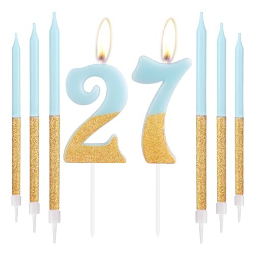 Blau Gold Geburtstagskerzen, Gold Zahl 27 Kerzen mit langen Kerzen, Blau Happy 27th Birthday Kerzen für Kuchen, Mädchen 27 Geburtstag Kuchen Dekorationen, Geburtstag Kuchen Topper Mädchen, von mciskin