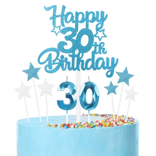 Blaue 30th Geburtstag Kerzen Set, blaue Zahlenkerzen 30 Kerzen für Kuchen, 3D blaue GeburtstagKerze, Herzlichen Glückwunsch zum Geburtstag Kuchen Toppers für Frauen Männer Geburtstagsparty Dekoration von mciskin