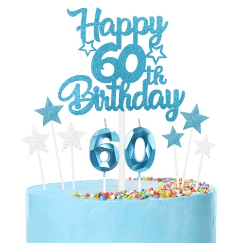 Blaue Kerzen zum 60. Geburtstag, Kuchenaufsätze Set, blaue Zahlenkerzen 60 Kerzen für Kuchen, Blau Silber Kuchendekorationen, Blau Happy Birthday Cake Toppers für Mädchen Jungen Frauen Männer von mciskin