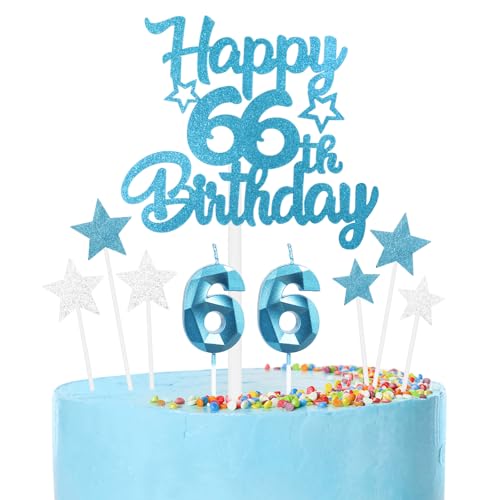 Blaue Kerzen zum 66. Geburtstag, Kuchenaufsätze Set, blaue Zahlenkerzen 66 Kerze für Kuchen, Blau Silber Kuchendekorationen, Blau Happy Birthday Cake Toppers für Mädchen Jungen Frauen Männer von mciskin