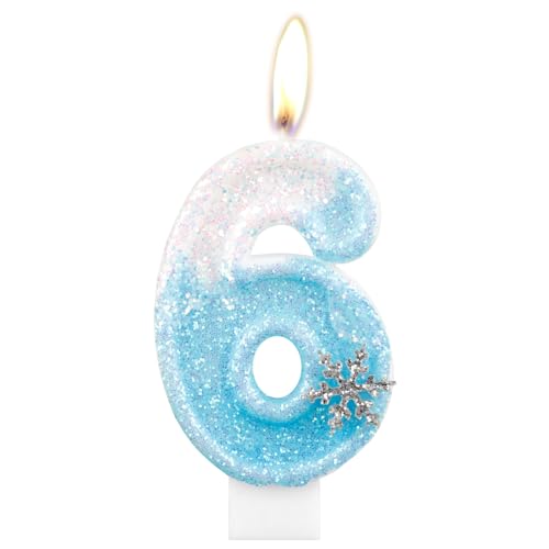 Geburtstagskerzen, glitzernde Zahlenkerze zum 6. Geburtstag, Schneeflocke, Zahl 6, Kerzen für Kuchen, blau-weiße Eiskönigin Kuchen-Kerzen, Toppers für Mädchen, Geburtstagsdekorationen, Partyzubehör von mciskin