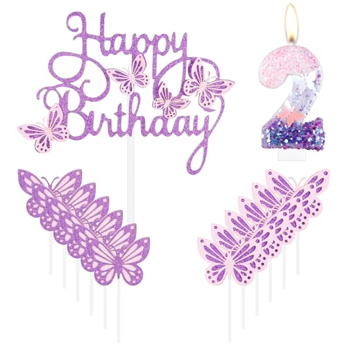 Geburtstagskerzen "Happy 2nd Butterfly", rosa lila Zahl 2 Kerze mit Schmetterlingskuchen, Cupcake-Topper für Mädchen, Kuchendekorationen zum 2. Geburtstag, niedlicher 2. Geburtstag Kuchenaufsatz für von mciskin
