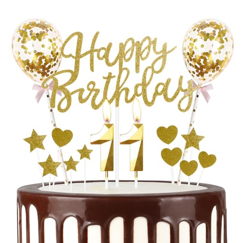 Gold 11th Geburtstag Kerze, Gold Alles Gute zum Geburtstag Kuchen Topper, Gold Ballons, Gold Zahl 11 Kerzen für Kuchen,Gold Kerzen Kuchen Topper für Mädchen Jungen Frauen Geburtstag Party Dekor von mciskin