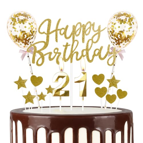 Gold 21st Geburtstag Kerze, Gold Alles Gute zum Geburtstag Kuchen Topper, Gold Ballons, Gold Zahl 21 Kerzen für Kuchen,Gold Kerzen Kuchen Topper für Mädchen Jungen Frauen Geburtstag Party Dekor von mciskin