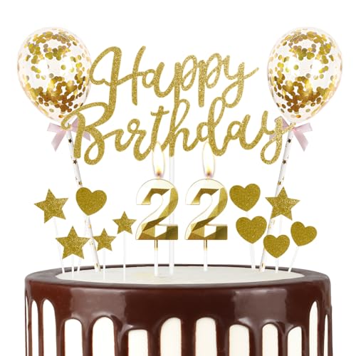 Gold 22th Geburtstag Kerze, Gold Alles Gute zum Geburtstag Kuchen Topper, Gold Ballons, Gold Zahl 22 Kerzen für Kuchen,Gold Kerzen Kuchen Topper für Mädchen Jungen Frauen Geburtstag Party Dekor von mciskin