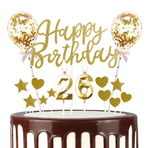 Gold 26th Geburtstag Kerze, Gold Alles Gute zum Geburtstag Kuchen Topper, Gold Ballons, Gold Zahl 26 Kerzen für Kuchen,Gold Kerzen Kuchen Topper für Mädchen Jungen Frauen Geburtstag Party Dekor von mciskin